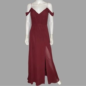 Jenny Yoo Elegant Burgundy Off-Shoulder Maxi Dress with‎ Slit Evening Gown